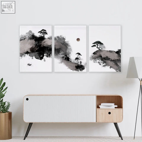 Three-panel big painting ink wash landscape art prints in black gray and white for living room wall decor