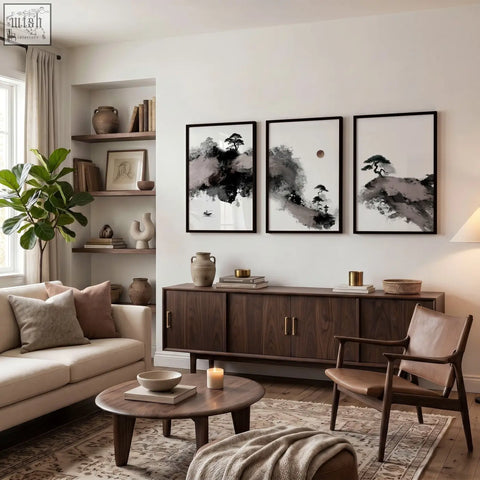 Three framed black and white japanese ink landscape art prints hang above a dark wood sideboard in living room big painting set