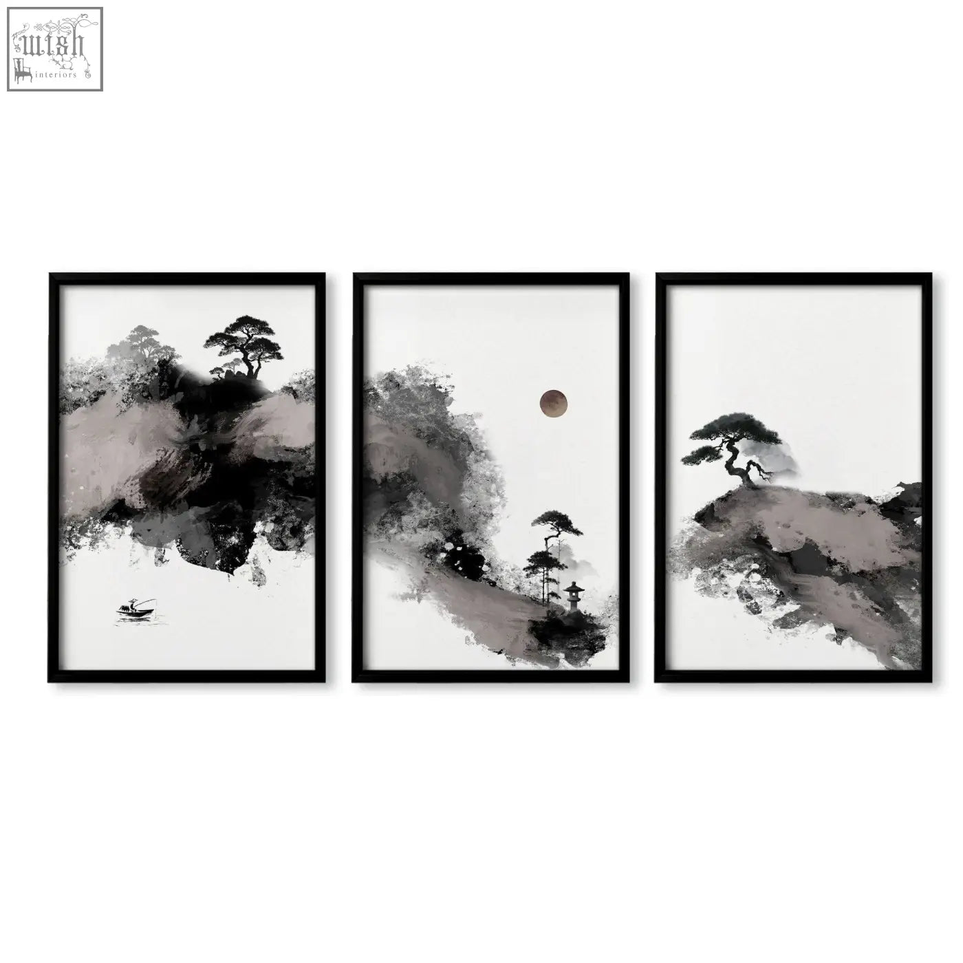 Set of three black-framed japanese ink landscape art prints with misty mountains for big painting living room decor