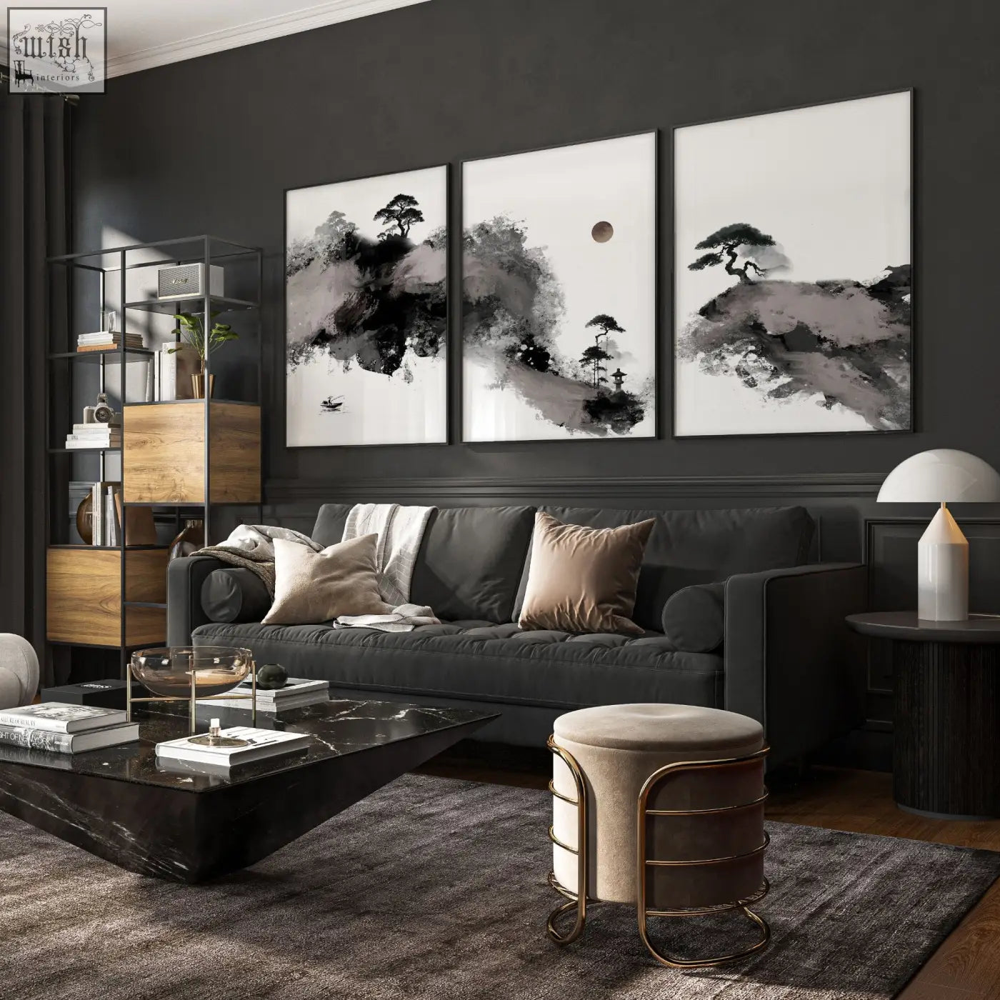 Black and white ink wash triptych big painting featuring misty mountains pine trees and crescent moon for living room art prints