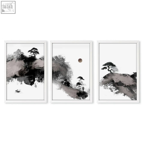 Set of 3 minimalist japanese ink landscape art prints in white frames perfect for living room big painting decor