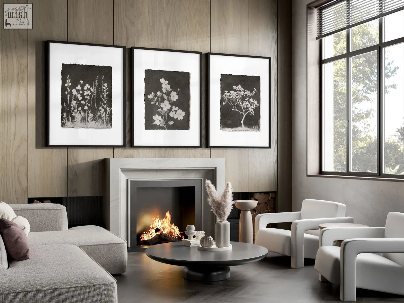 Black and white french country botanical wall art set of 3 in sleek frames above modern living room fireplace