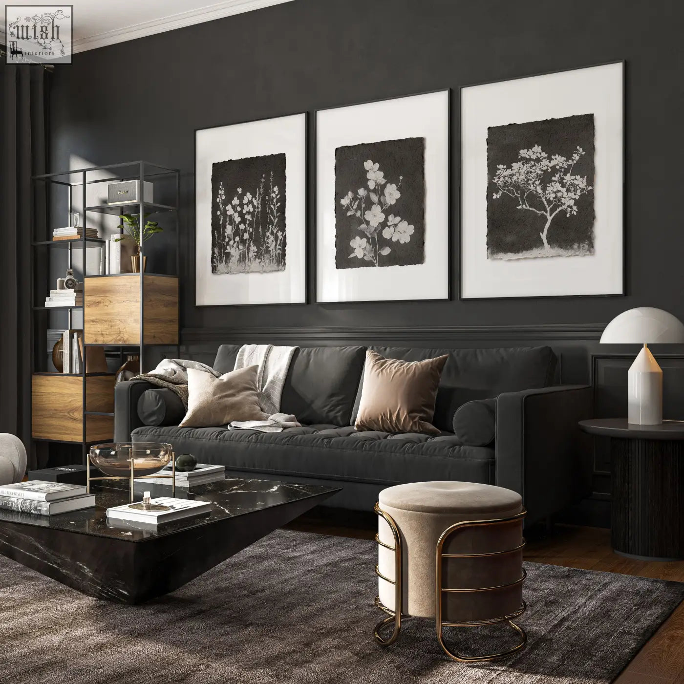 Dark gray upholstered sofa with beige taupe pillows next to french country big wall art featuring dark floral wildflowers in living room