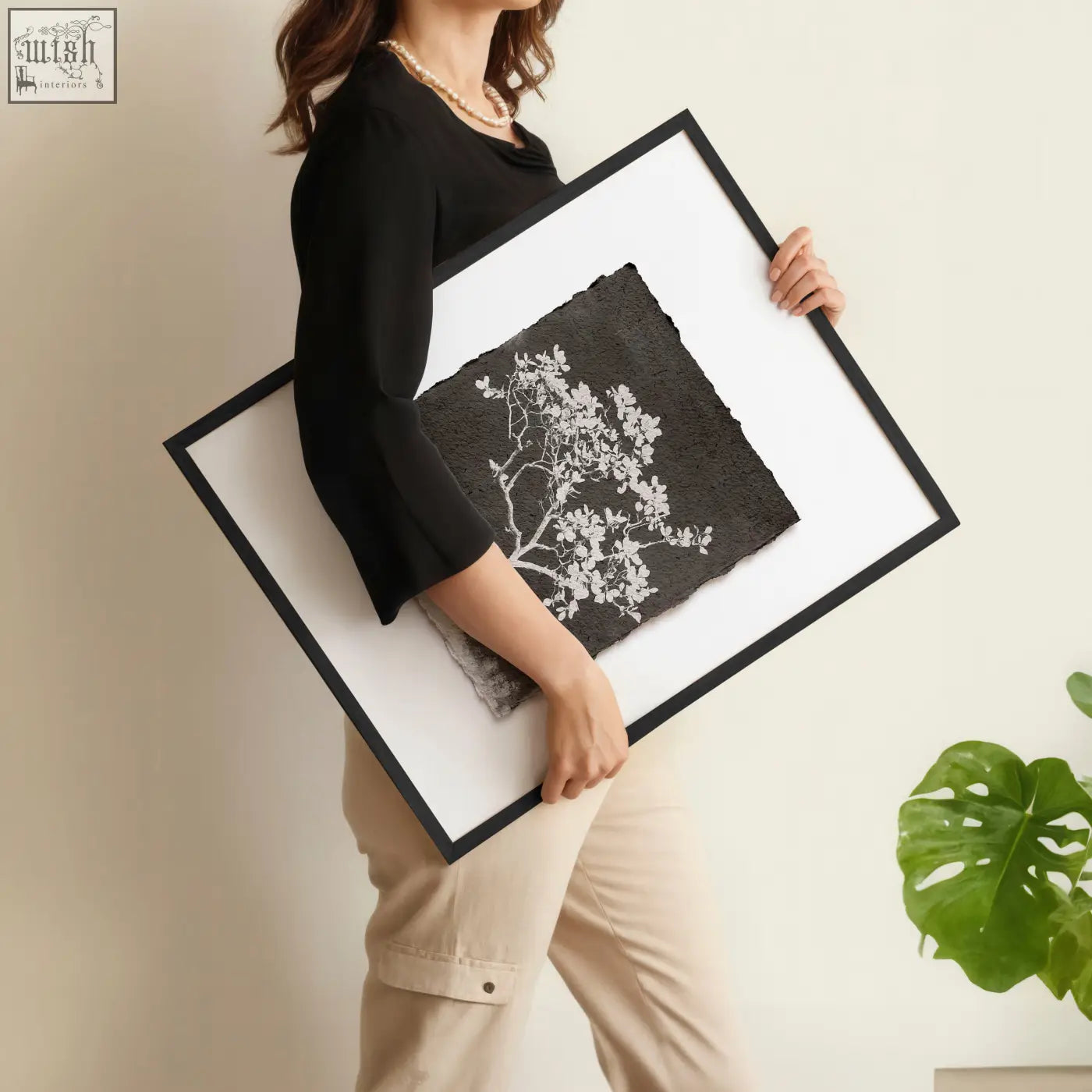 Big wall art for living room featuring black-framed french country white wildflowers on textured dark paper