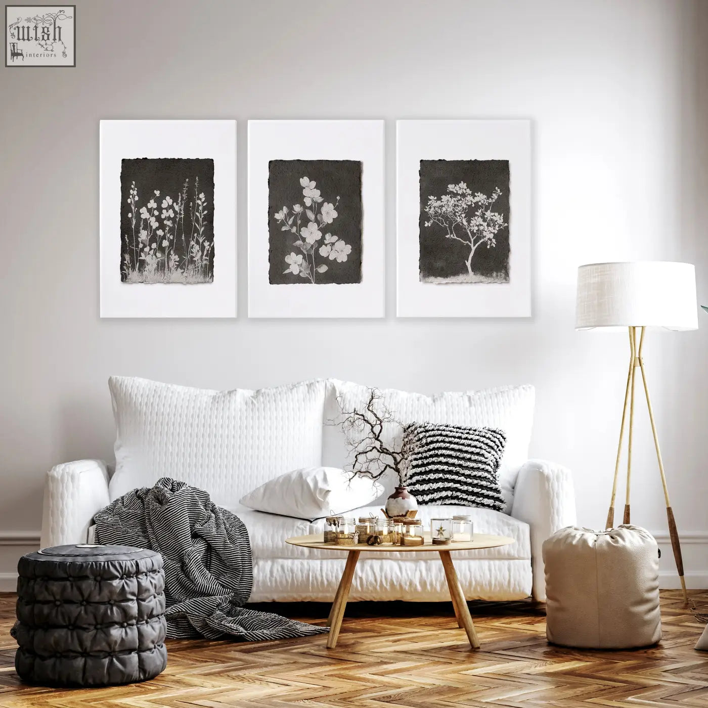 Set of three black and white french country wall art prints with floral and tree silhouettes for living room decor