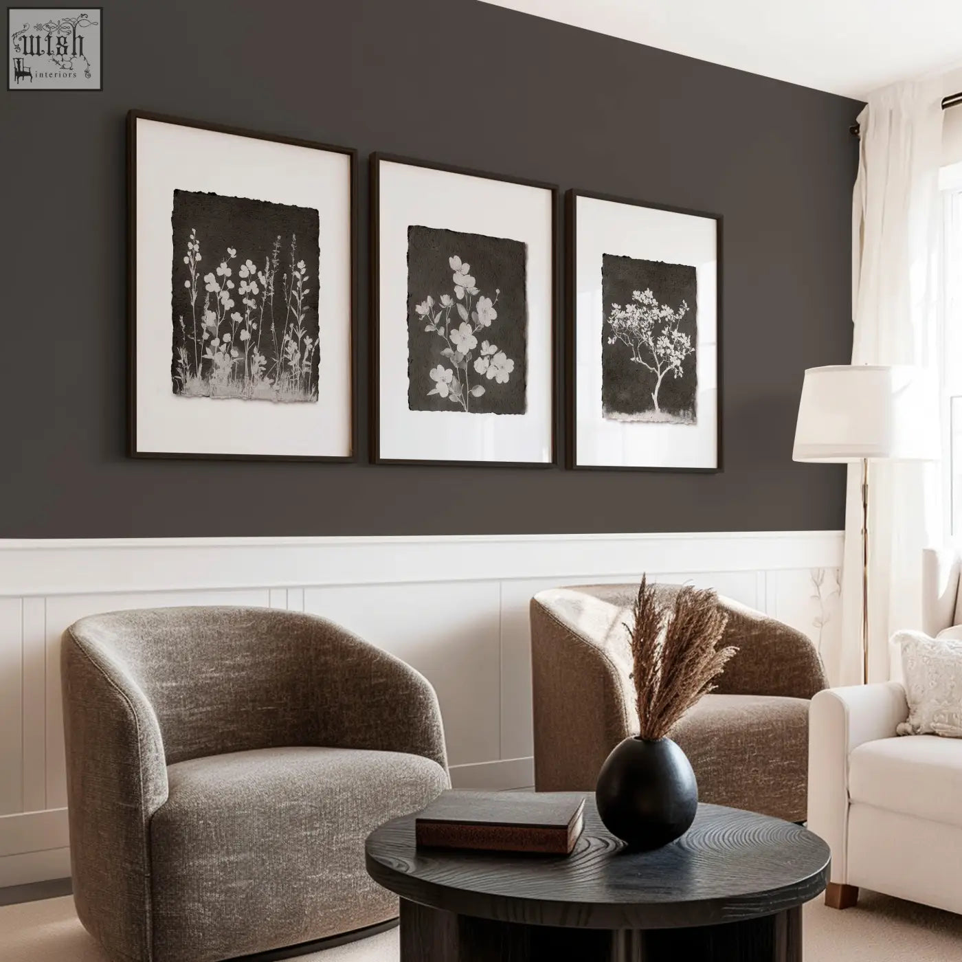 Black ceramic vase with dried pampas grass as french country wall art for living room dark floral set of 3