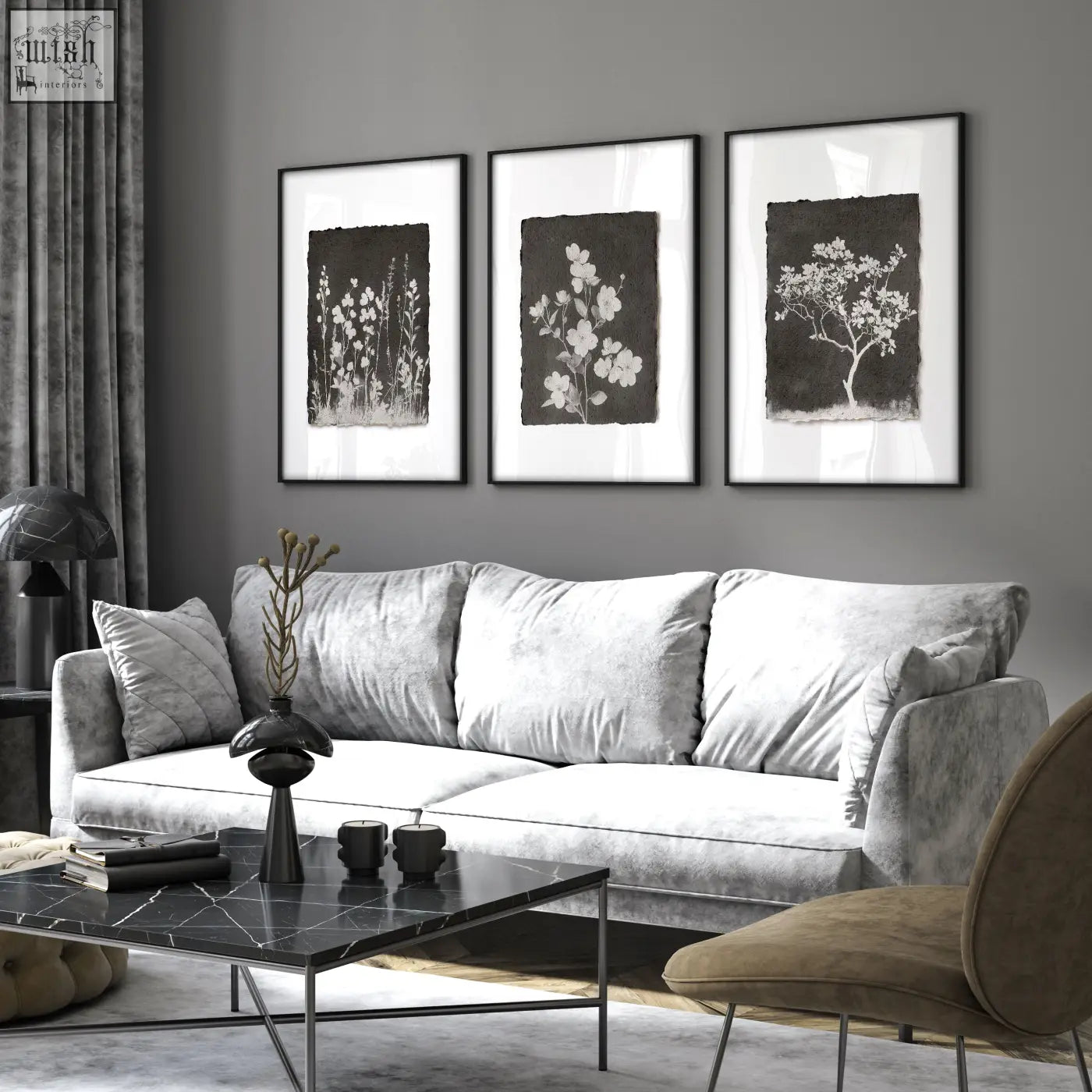 Gray velvet sofa with plush cushions complements french country dark floral big wall art for living room decor set of 3