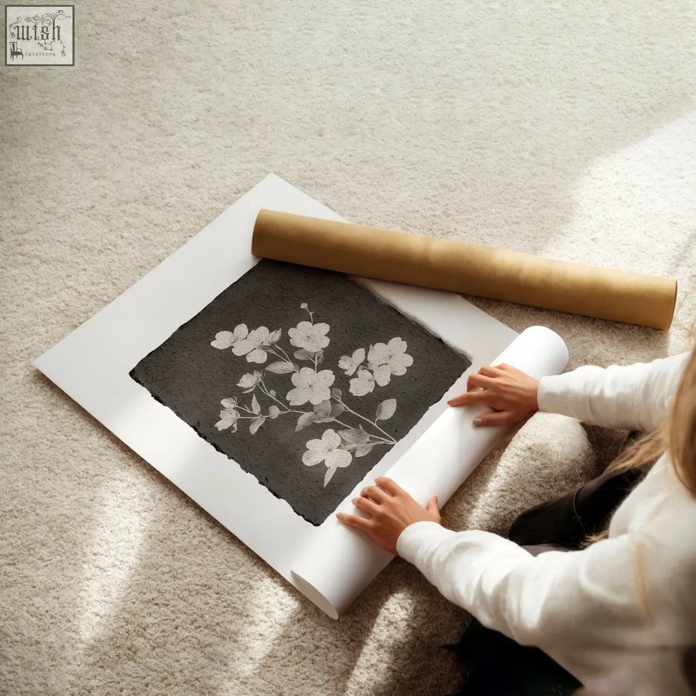 Big wall art set of 3 featuring delicate white floral print on dark textured paper for french country living room decor