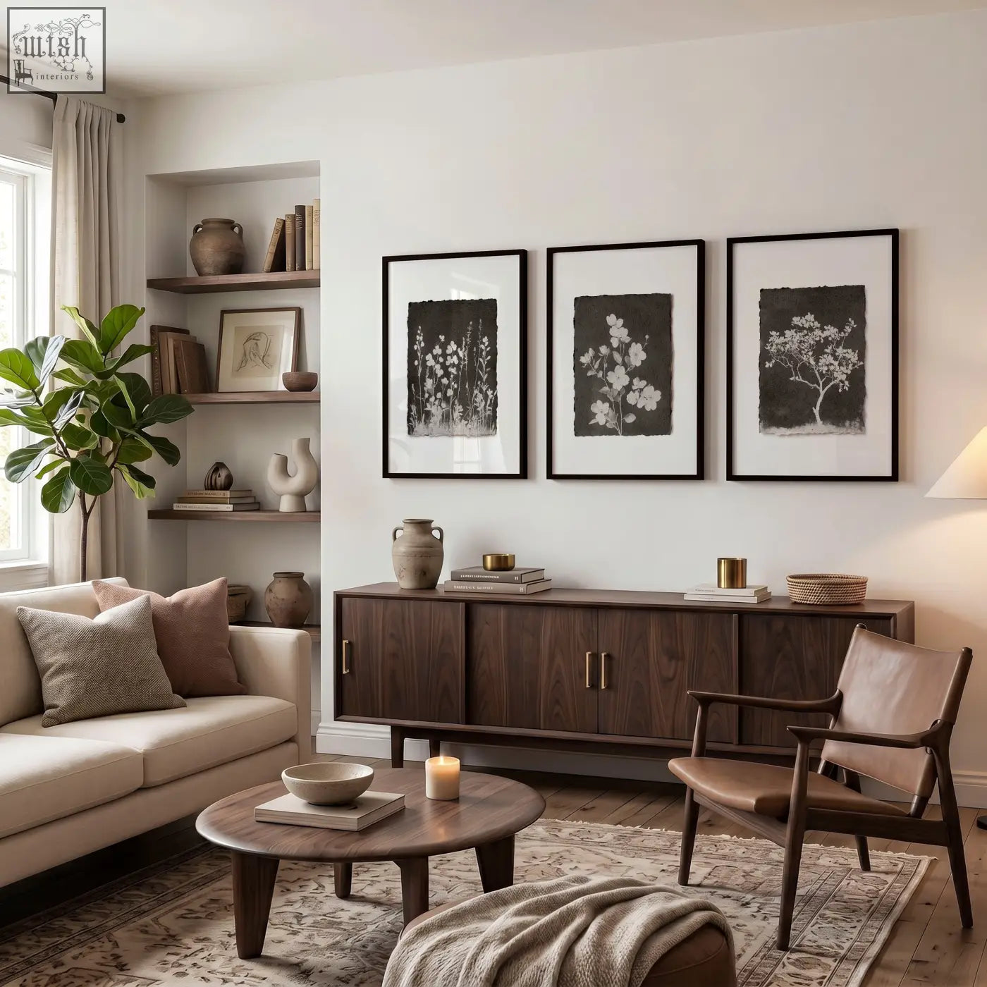 Dark wood mid-century modern sideboard with sleek handles paired with french country living room wall art set of 3