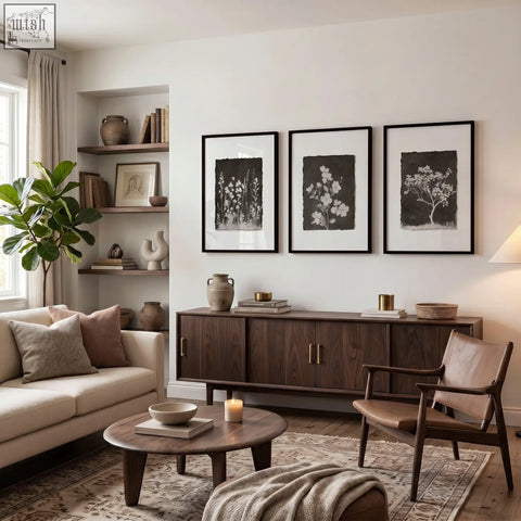 Dark wood mid-century modern sideboard with sleek handles paired with french country living room wall art set of 3