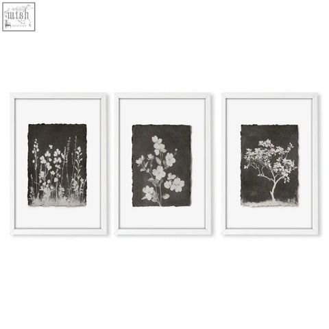 Set of 3 french country wall art with white wildflower silhouettes on dark textured paper for living room decor