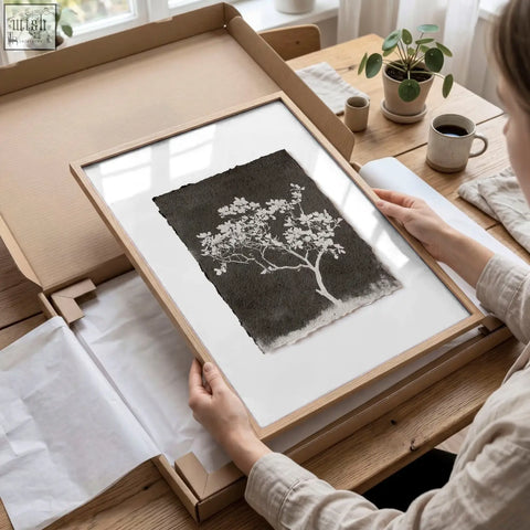 Big wall art for living room with minimalist wooden frame and delicate white tree silhouette on dark textured paper french country style