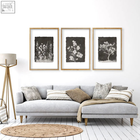 Set of three framed french country wall art with white floral silhouettes on dark textured paper for living room decor