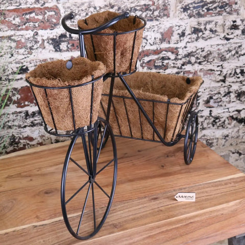 Black metal bike garden planter with three coconut fiber baskets vintage style garden planter