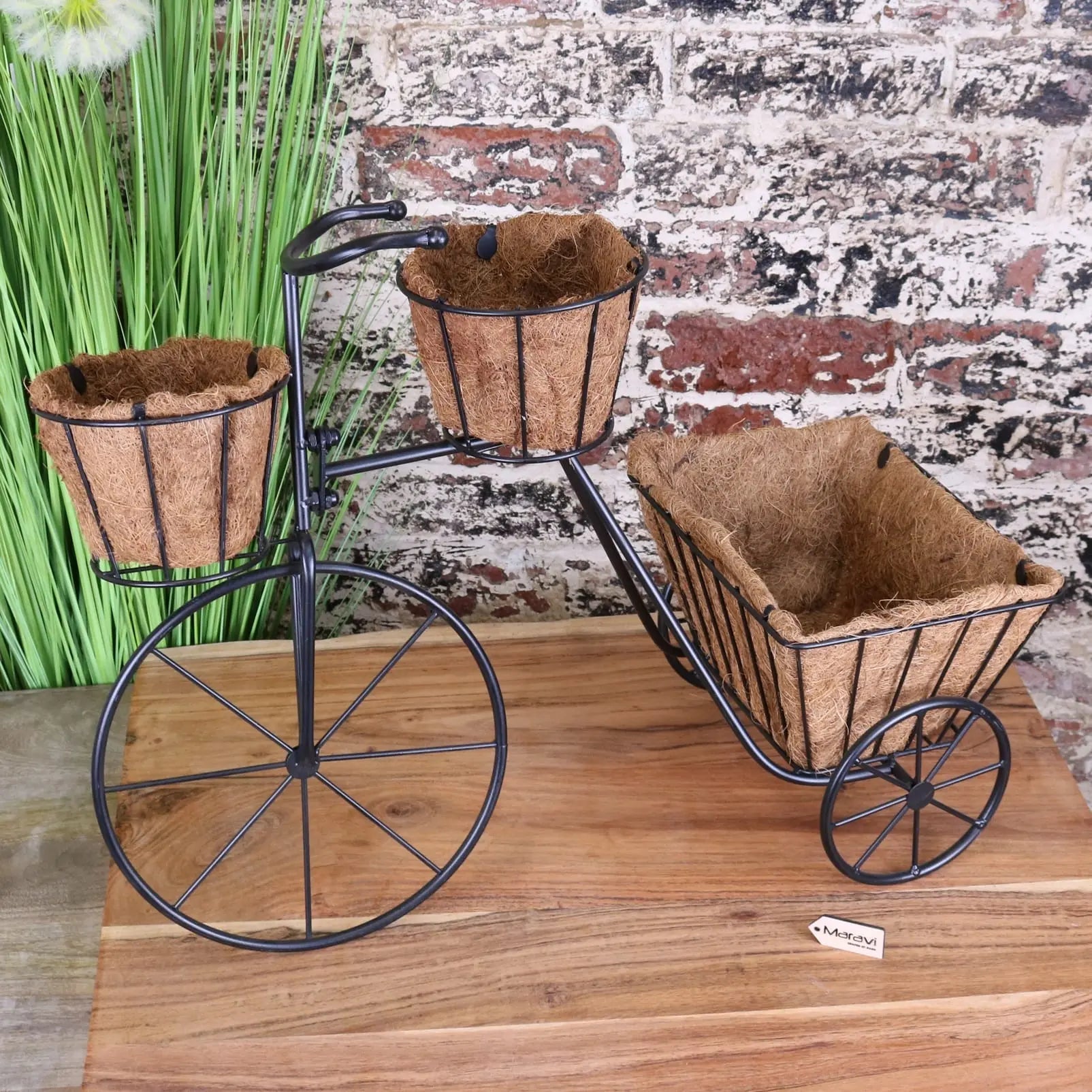 Black metal bike garden planter with three coconut fiber baskets vintage style garden planter