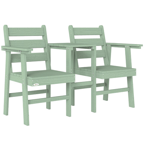 Outsunny Outdoor Garden Loveseat, Embossed Wooden Jack and Jill Garden Seat with Integrated Table, Green