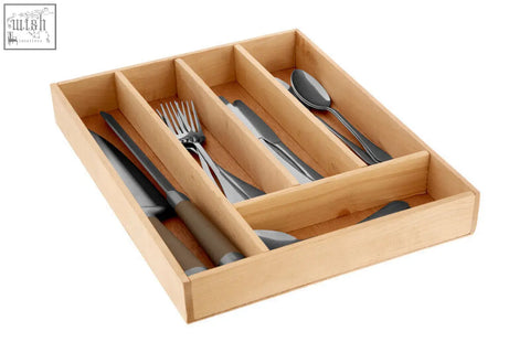Light-colored birchwood cutlery tray with five compartments holding silverware featuring durable construction