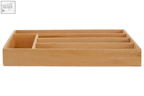 Light brown birchwood cutlery tray with durable construction and five compartments for easy utensil organization