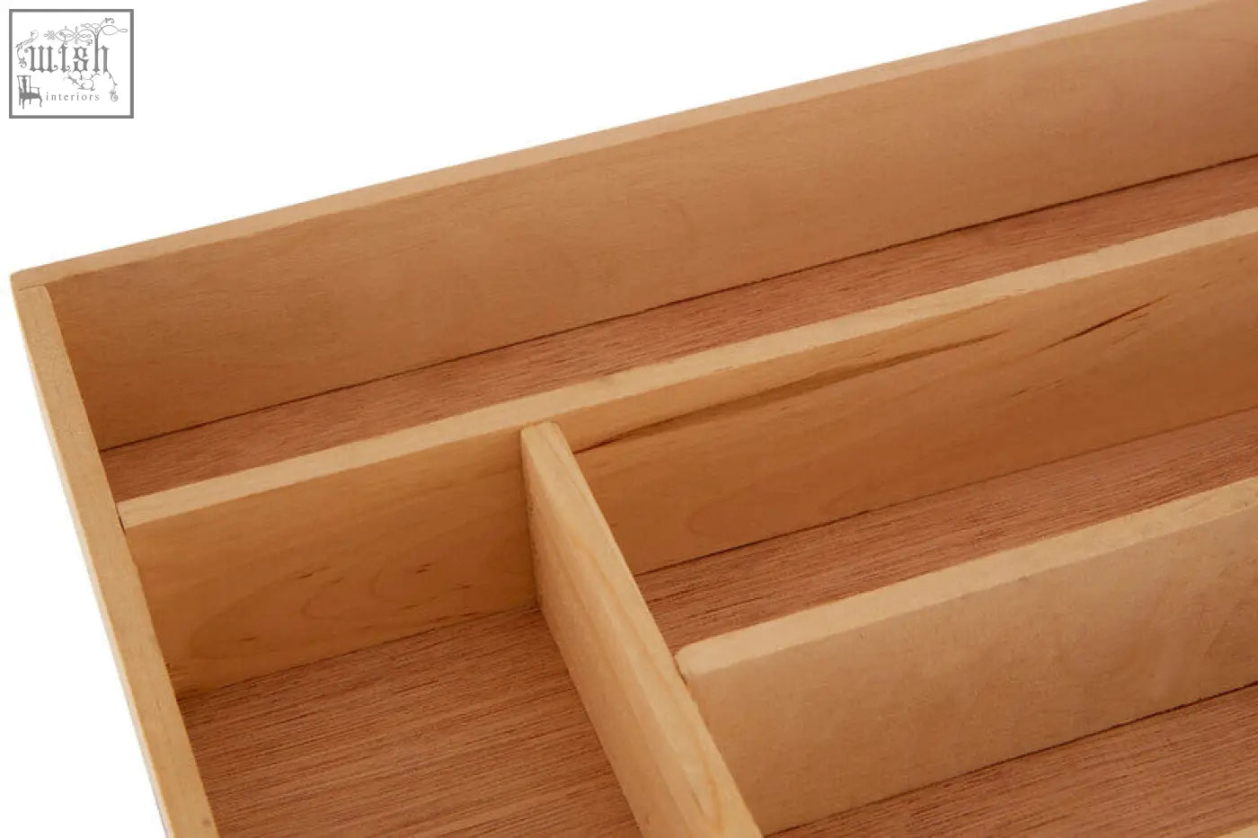 Light-colored birchwood cutlery tray with 5 compartments and durable construction for organized kitchen drawers
