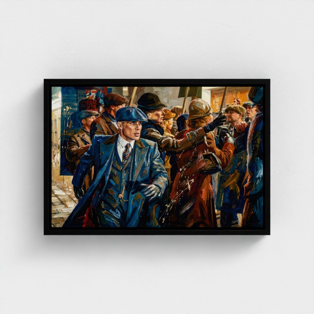 A framed canvas painting titled birmingham blue showing a man in a blue trench coat and flat cap in a crowd