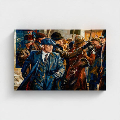 Blue leather trench coat with matching flat cap worn by central figure in birmingham blue framed canvas oil painting