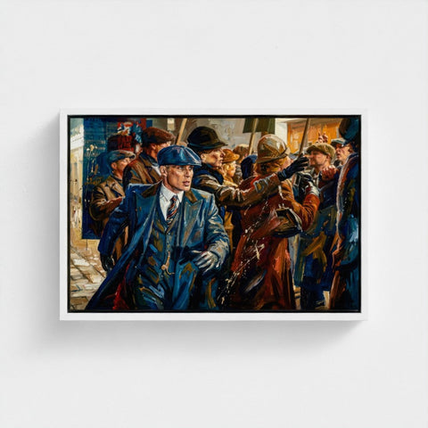 A framed canvas titled birmingham blue featuring a man in a blue trench coat and flat cap in a crowd with expressive brushstrokes