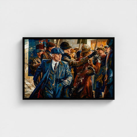 Framed canvas of birmingham blue featuring a man in blue trench coat and flat cap amidst a vibrant crowd