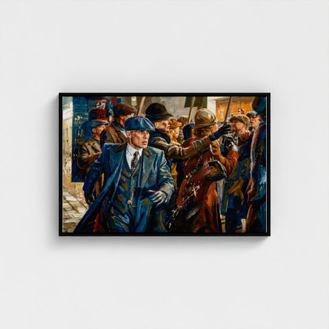 A framed canvas titled birmingham blue shows a man in a blue trench coat and flat cap in a crowded scene with rich oil textures