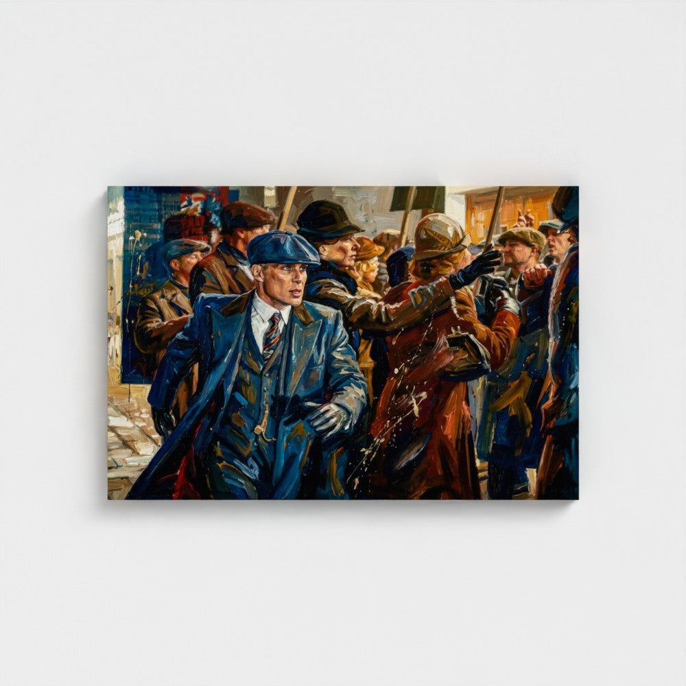 Framed canvas titled birmingham blue featuring a vividly painted man in a sharp blue suit and matching flat cap in a crowd
