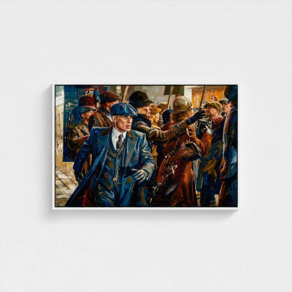 A framed canvas titled birmingham blue showing a man in a blue leather trench coat and flat cap in a crowd