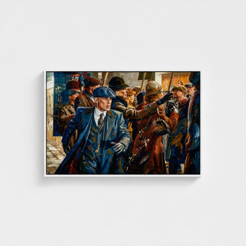 A framed canvas titled birmingham blue showing a man in a blue leather trench coat and flat cap in a crowd