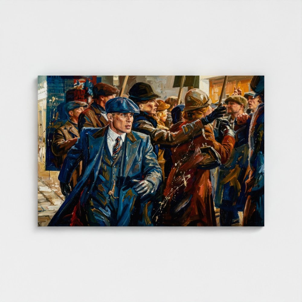 Blue leather trench coat birmingham blue with subtle pattern worn over white shirt and tie for framed canvas look