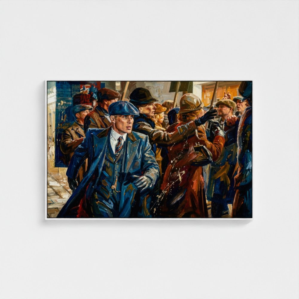 A framed canvas of birmingham blue showing a man in a blue suit and flat cap amidst a lively crowd with bold brushstrokes