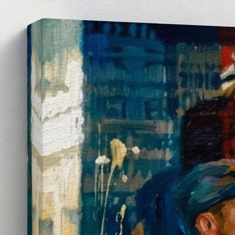 Framed canvas art titled birmingham blue with bold blue teal white brushstrokes and yellow splatters