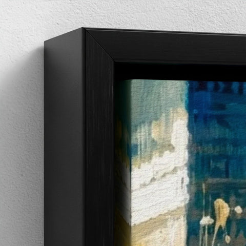 Framed canvas abstract painting birmingham blue with textured brushstrokes in blue teal and white shades