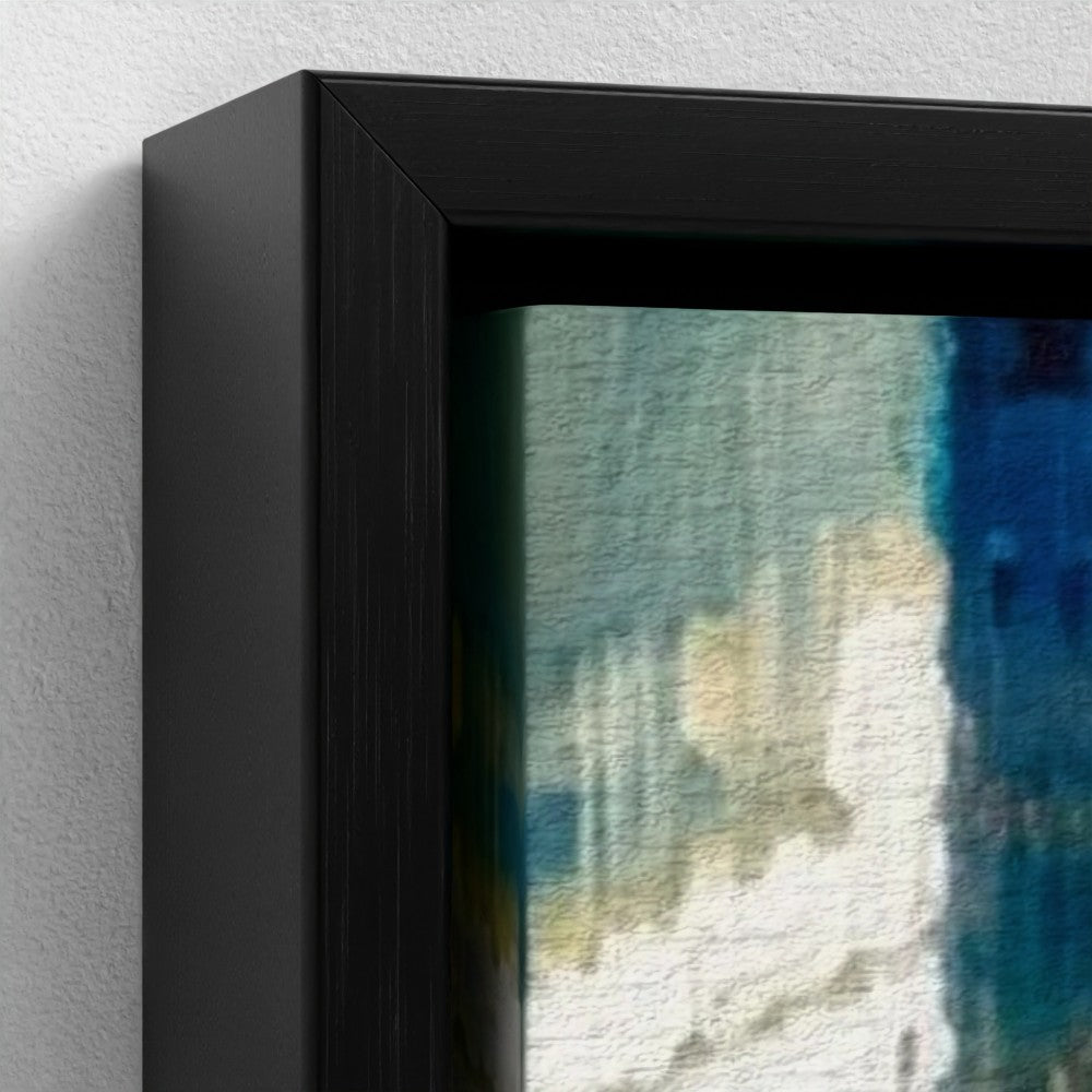 Black framed abstract birmingham blue framed canvas with textured teal blue and white brushstrokes on canvas