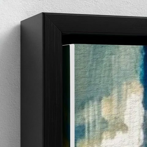 Black framed abstract painting with textured teal blue and beige brushstrokes titled birmingham blue on framed canvas