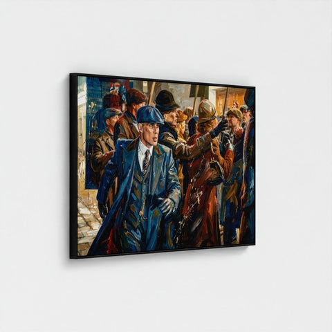 Black-framed canvas print featuring a painted scene of a man in blue suit walking through crowd titled birmingham blue