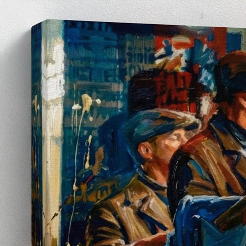 Framed canvas painting titled birmingham blue featuring blue and brown abstract men in hats design