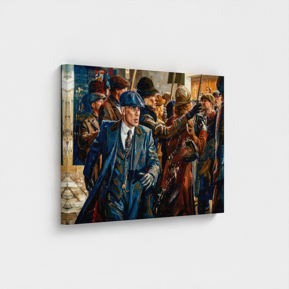 Blue canvas print of a man in a trench coat and flat cap walking through a crowd framed canvas titled birmingham blue