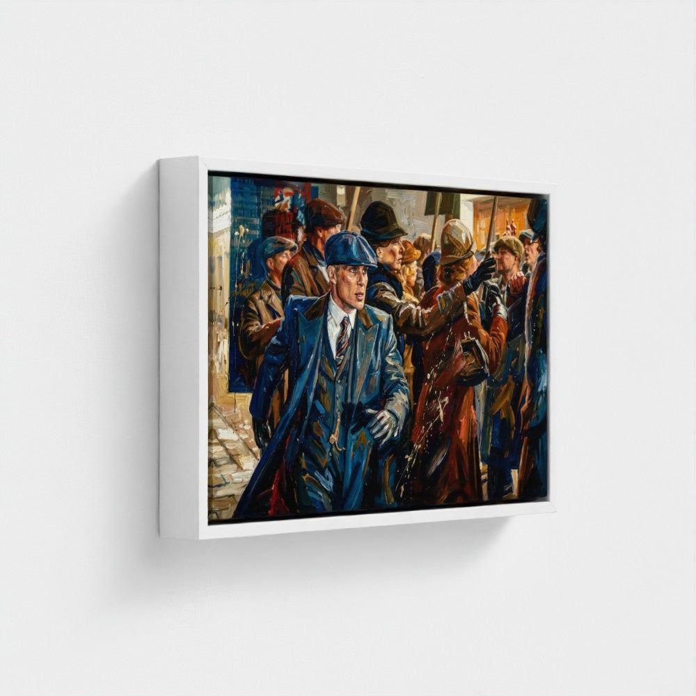 A framed canvas print titled birmingham blue showing a man in a blue trench coat and flat cap among a crowd with painterly brushstrokes