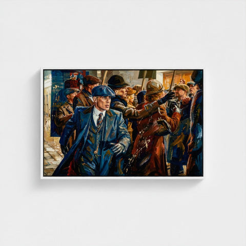 A framed canvas painting titled birmingham blue showing a man in a blue leather trench coat and flat cap among a crowd