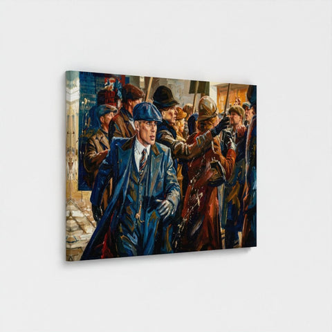 Framed canvas print of a man in a blue trench coat and flat cap titled birmingham blue