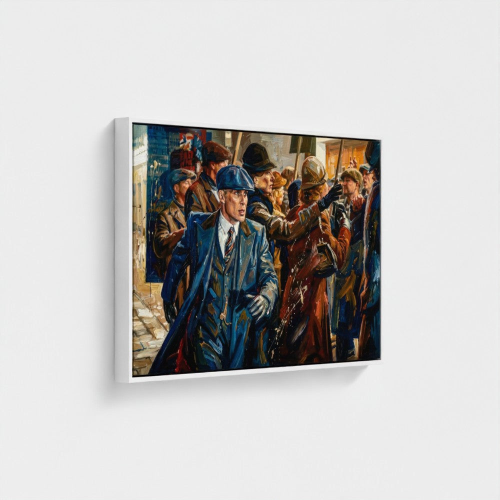 Framed canvas of a man in a blue trench coat and flat cap titled birmingham blue perfect for wall decor