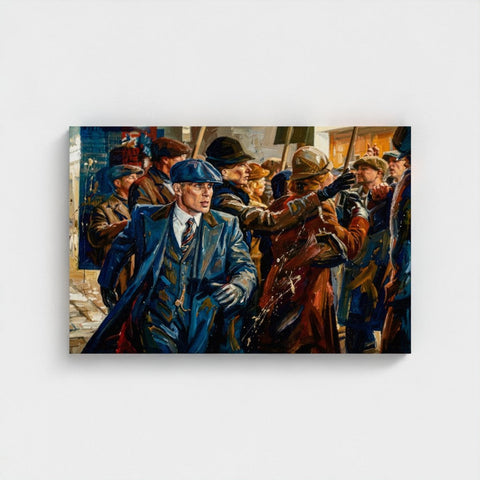 A vibrant framed canvas print titled birmingham blue featuring a man in a blue suit and period attire