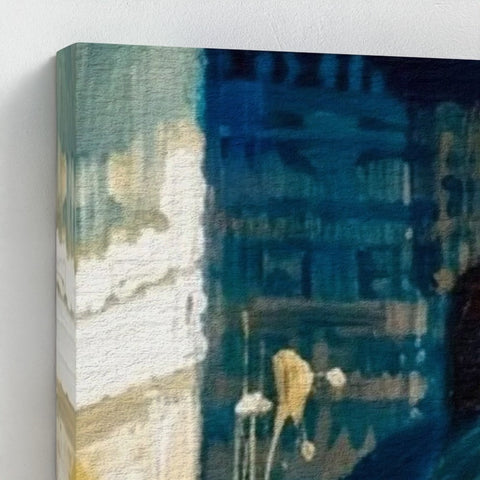 Framed canvas featuring birmingham blue abstract painting with textured blue and white brushstrokes