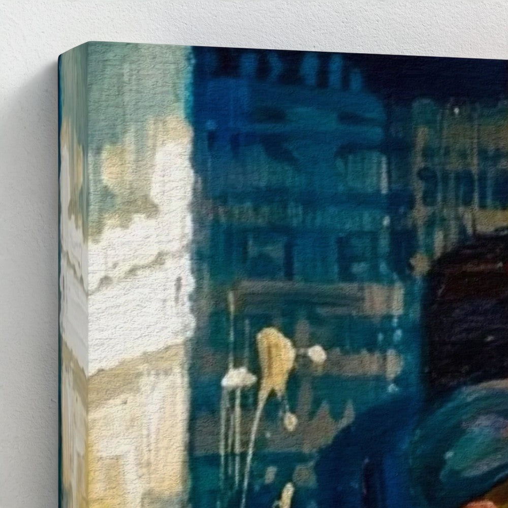 Framed canvas featuring birmingham blue abstract painting with textured blue and white brushstrokes