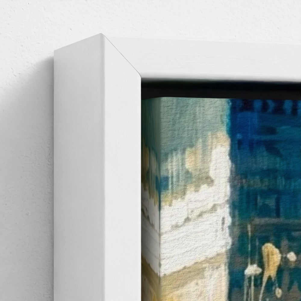 White framed abstract canvas painting with textured brushstrokes in teal blue and gold called birmingham blue