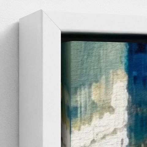 White framed abstract canvas painting with textured teal blue and cream brushstrokes called birmingham blue