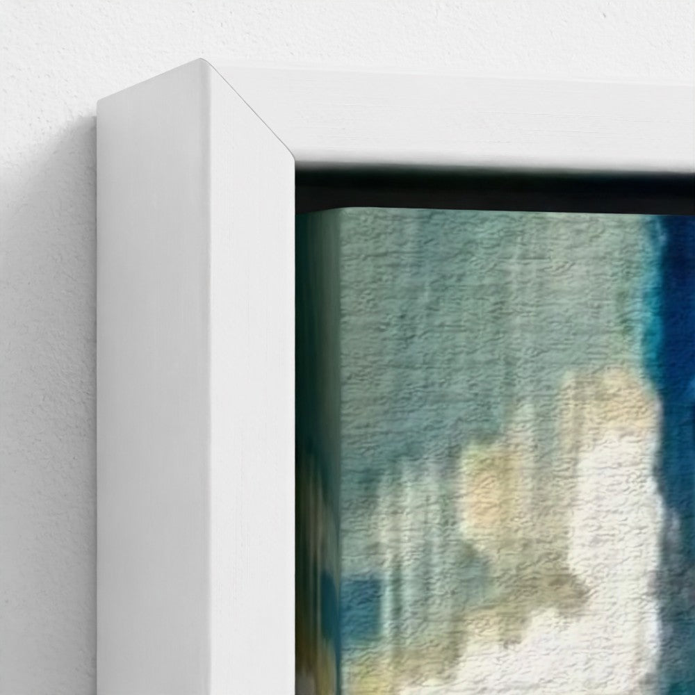 White framed abstract canvas painting with textured teal blue and beige brushstrokes called birmingham blue
